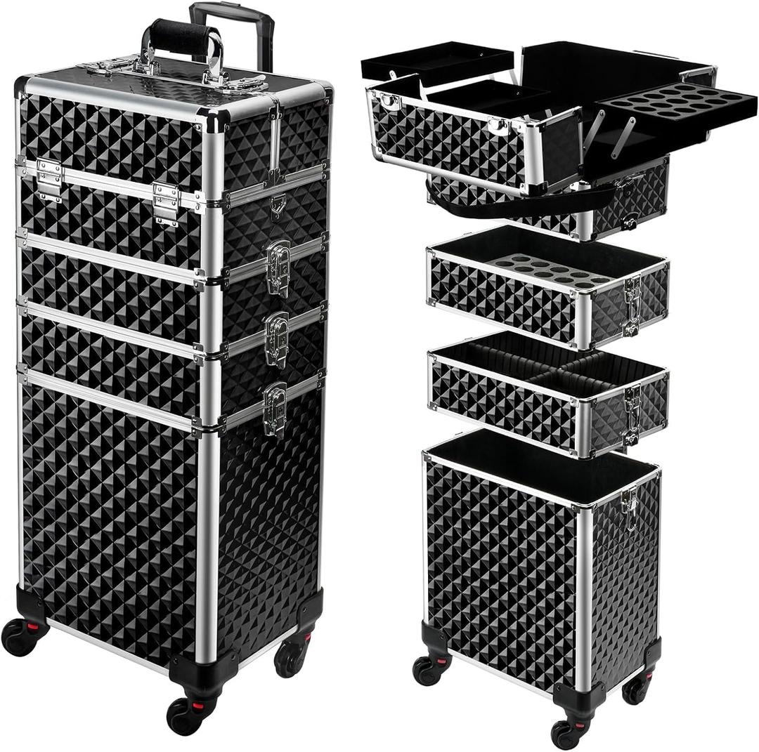 TOPACK 4-In-1 360°Rotaing Rolling Makeup Train Case with Trolley/Drawer