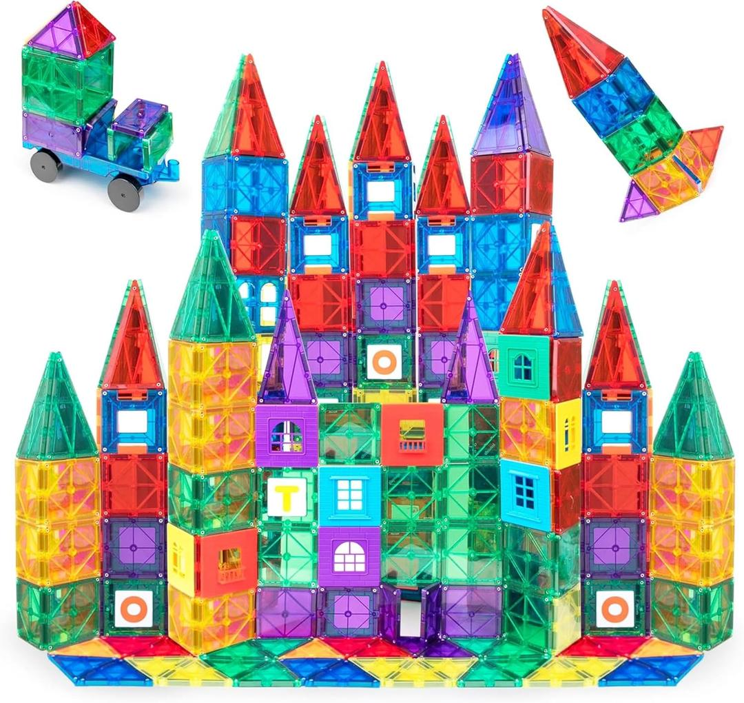 Playmags Magnetic Tiles for Kids 100-Piece Set, STEM Educational Building Blocks Toys for Kids, Includes Click-in ABC Learning Tiles, Gift for Boys & Girls, Add on Magnetic Figures