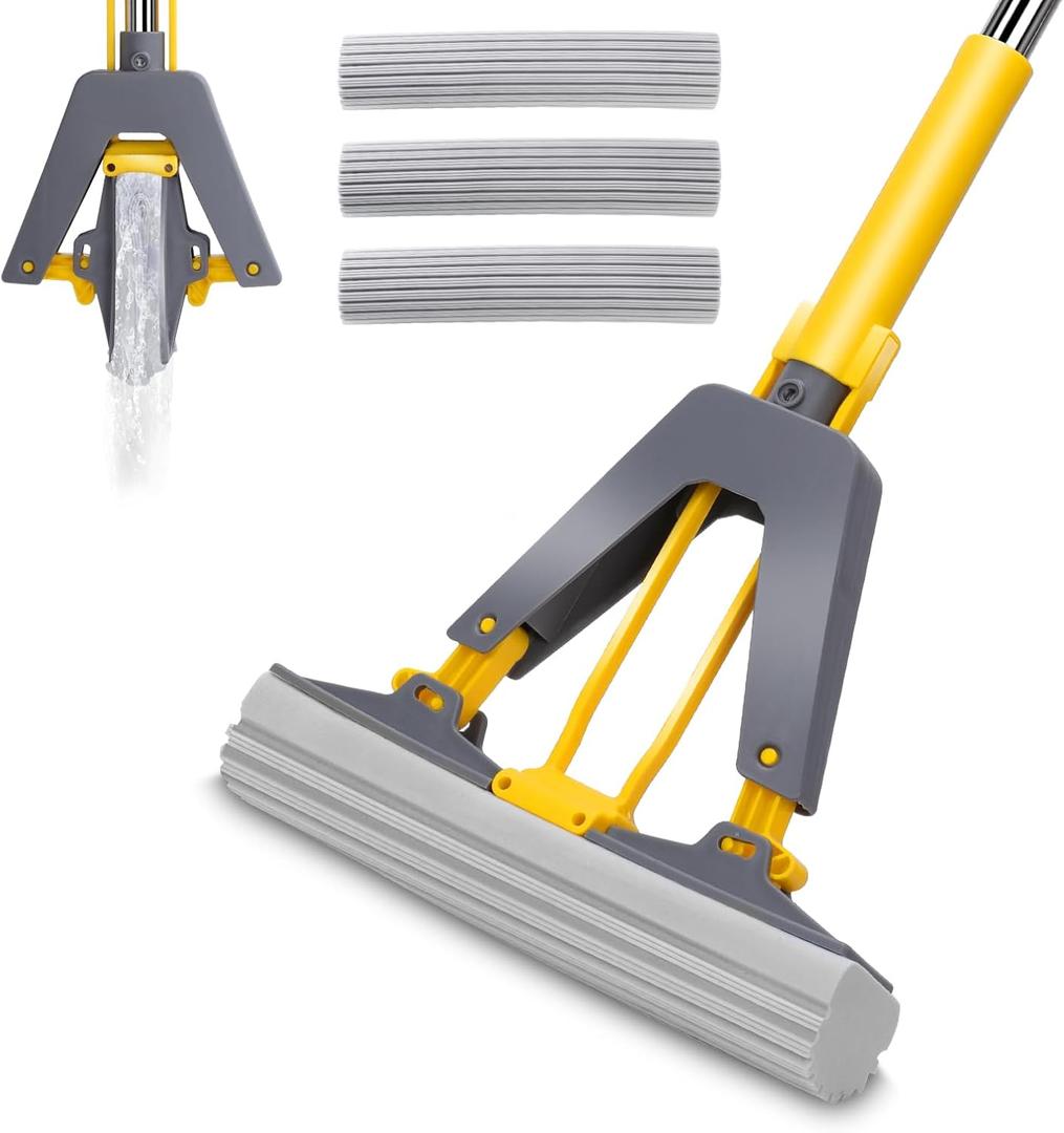 Sponge Mop with Self-Squeeze Feature, Stainless Steel Handle, 3 PVA Absorbent Mop Head Refills, Ideal for Home & Commercial Use on Tile, Floor, Bathroom & Garage Sponge Mop with Self-Squeeze Feature, Stainless Steel Handle, 3 PVA Absorbent Mop Head Refills, Ideal for Home & Commercial Use on Tile, Floor, Bathroom & Garage