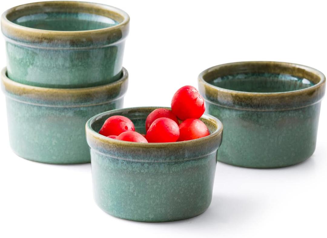Soufflé Dishes Set of 4, 10oz Baking Dishes Ramekins, Baking Sets for Custard, Pudding, Souffle Cups, Oven/Dishwasher Safe, Reactive Glaze (Shiny Green)