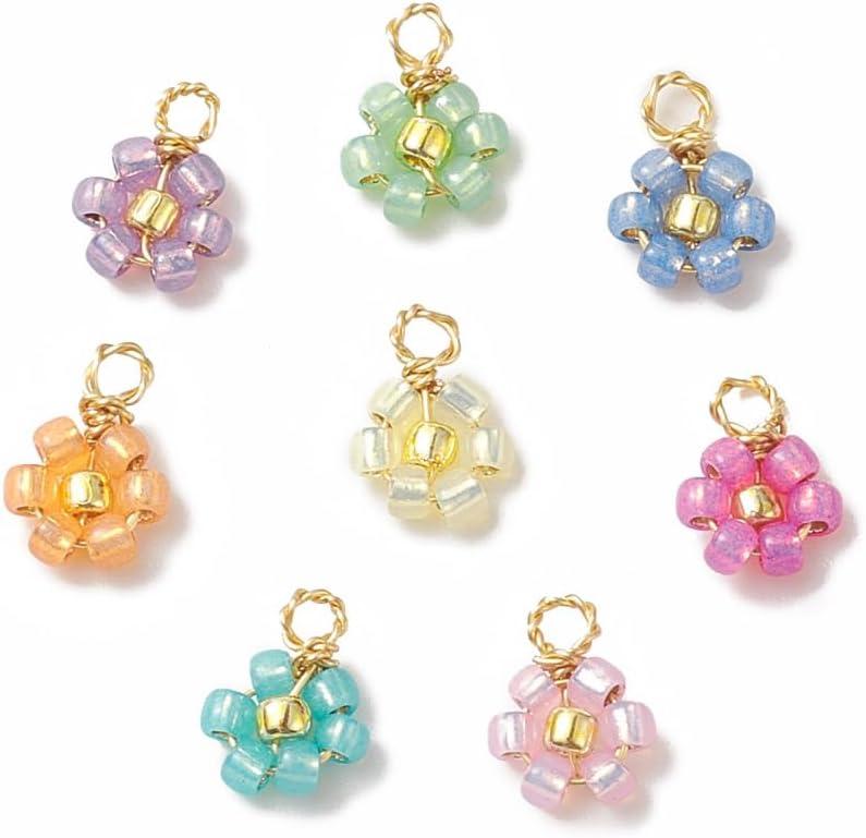 Ornazy 80Pcs Mixed Color Flower Pendant Handmade Glass Seed Beads Charms Transparent Floral Dangle Charms for Jewelry Making Earrings Necklaces Bracelets