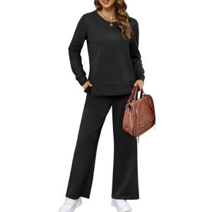 XIEERDUO Women's 2 Piece Lounge Sets Side Slit Outfits Wide Leg Tracksuit Comfy Loungewear Fashion Sweatsuit (XX-Large), Black