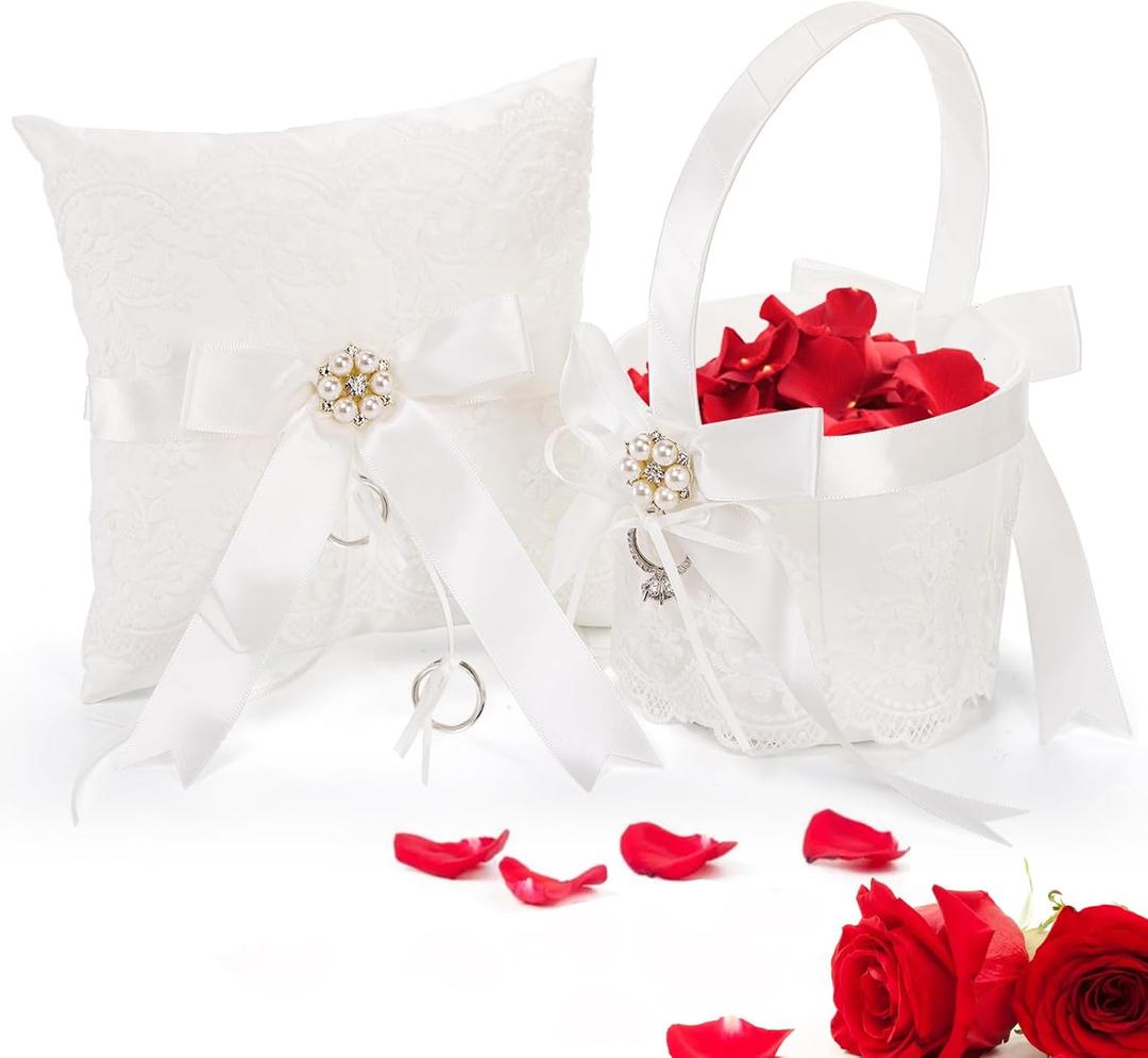 2 Pack Flower Girl Basket and Ring Bear Pillow Set, Cute Lace Pearl Flower Baskets with Ring Cushion, Cherish Ivory Rhinestones Satin Wedding Fairy Decor Party Ceremony