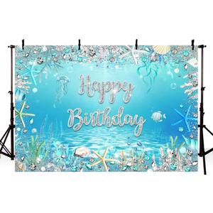 7x5ft Happy Birthday Backdrop for Girls Under The Sea Decorations for Birthday Party Shinning Silver Background Under The Sea Birthday Party Photography Backdrop Banner