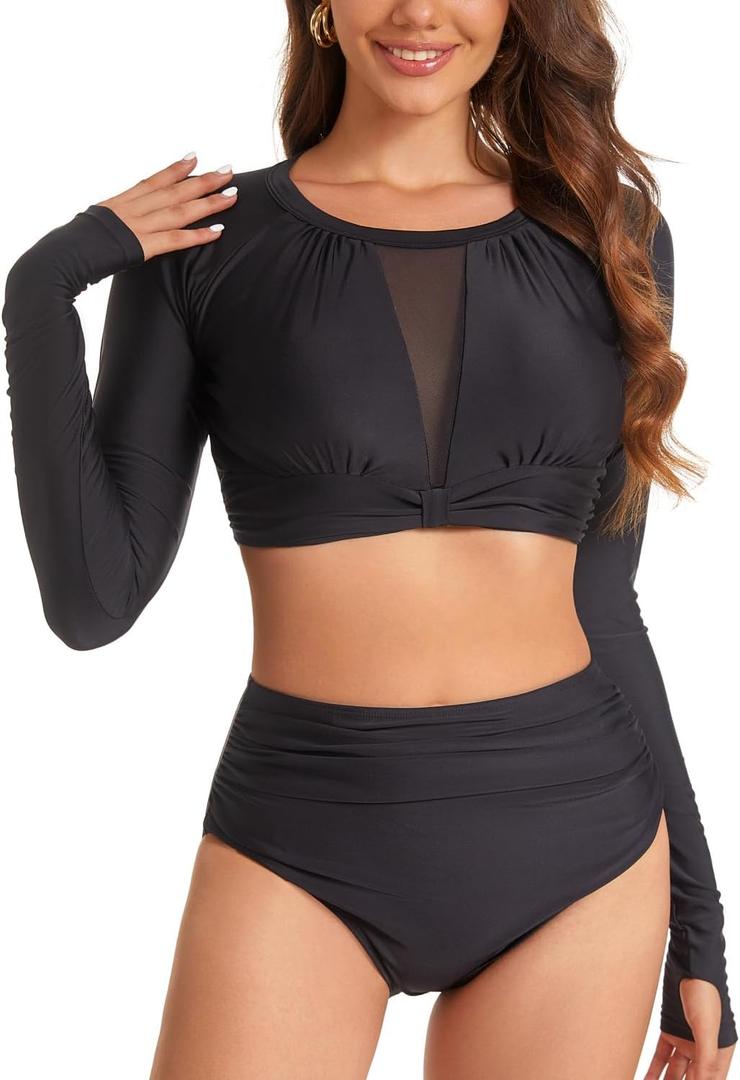 NESY Womems Swimsuits Long Sleeve Two Piece Rash Guard UV Protection Crop Top Bathing Suits, 1-sy567005,  Black, Small