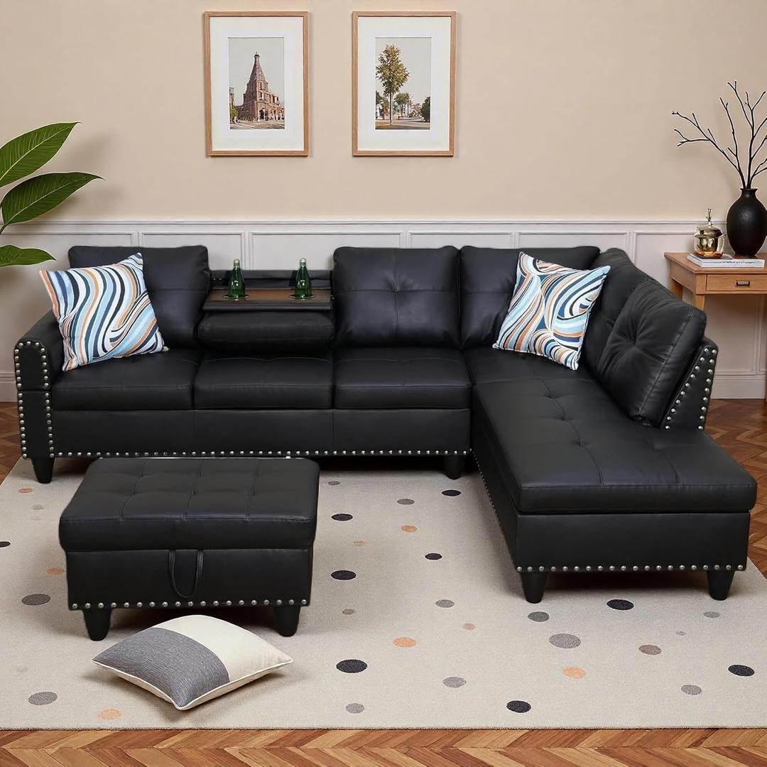 Trygoal L-Shaped Sectional Sofa with Movable Chaise & Storage Ottoman, Leather 3-Piece Modular Convertible Couches for Living Room, Apartment & Office, Black