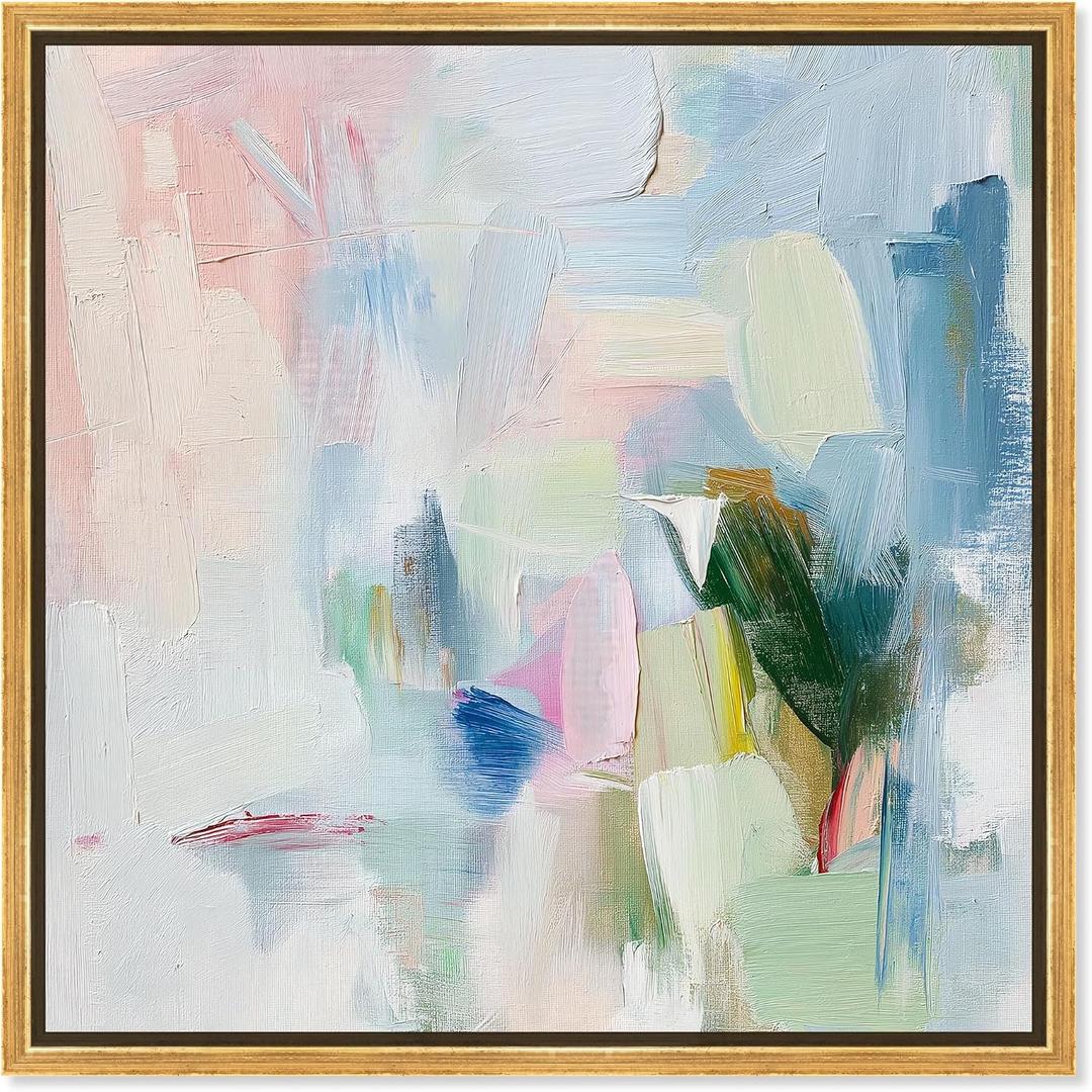 Art Remedy Verdant Breeze Over White Canvas Modern Colorful Art, Gold Frame, 24" x 24"