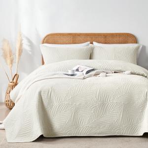 OARAGE King Quilt Bedding Set Lightweight Soft Cream Bedspread Coverlet with Leaf Pattern,Ultrasonic Microfiber Bed Cover Set for All Season 3 Pieces (1 Quilt, 2 Shams)