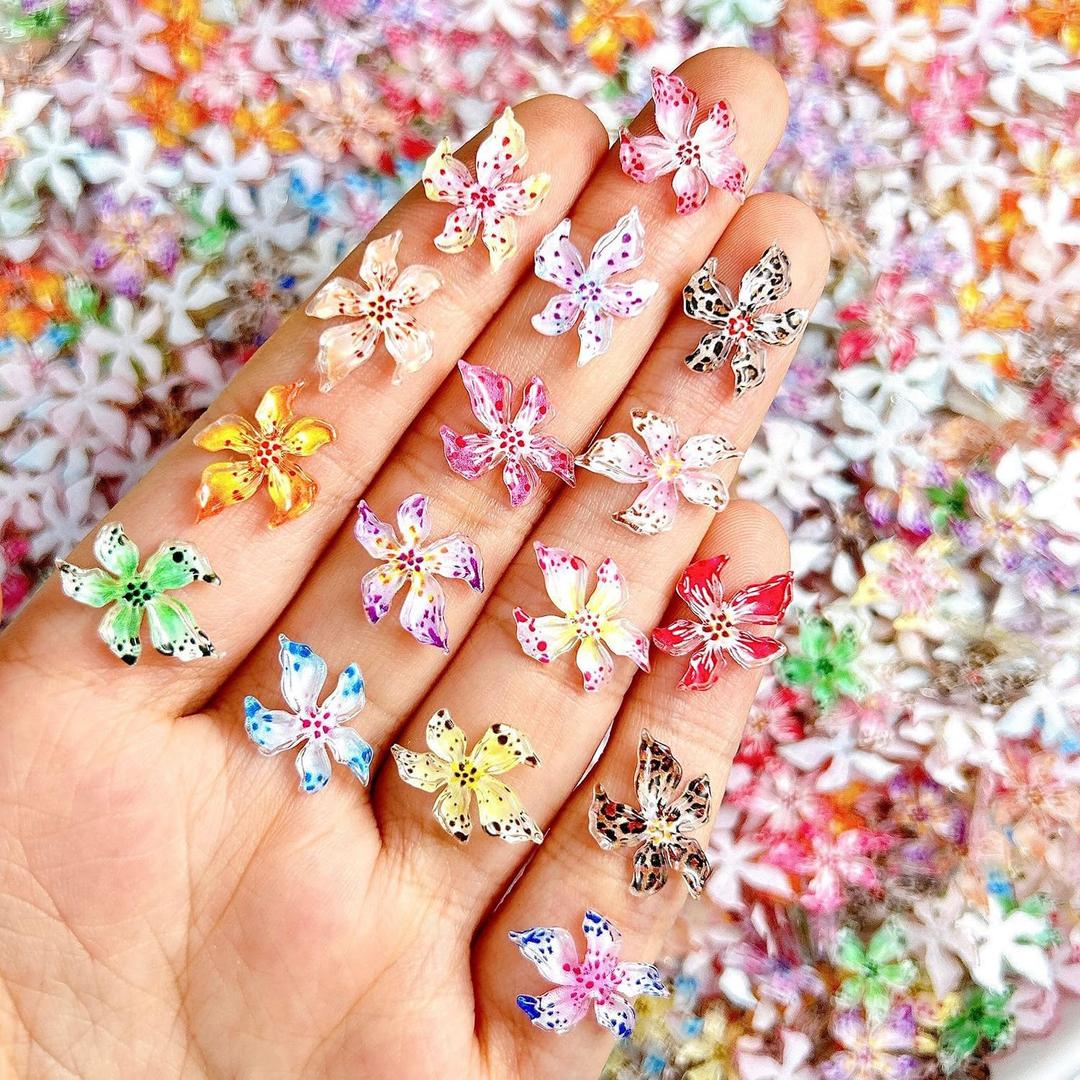50Pcs Flower Nail Charms for Nail Design Spring Summer Hibiscus Floral Nail Rhinestones Flat Back Hawaii Flower Nail Charms and Gems Mixed Color Lily Nail Jewelry for Women Girls Manicure Decor, Medium