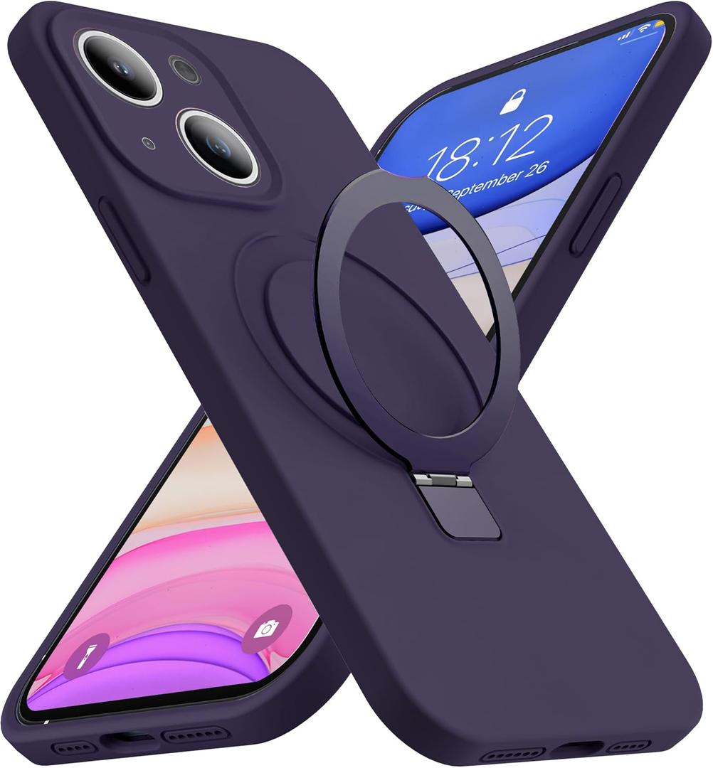 Designed for iPhone 15 Case with Magnetic Invisible Stand Compatible with Mag-Safe Military Drop Tested Shockproof Silicone Phone Case for Women Men 6.1'', Purple