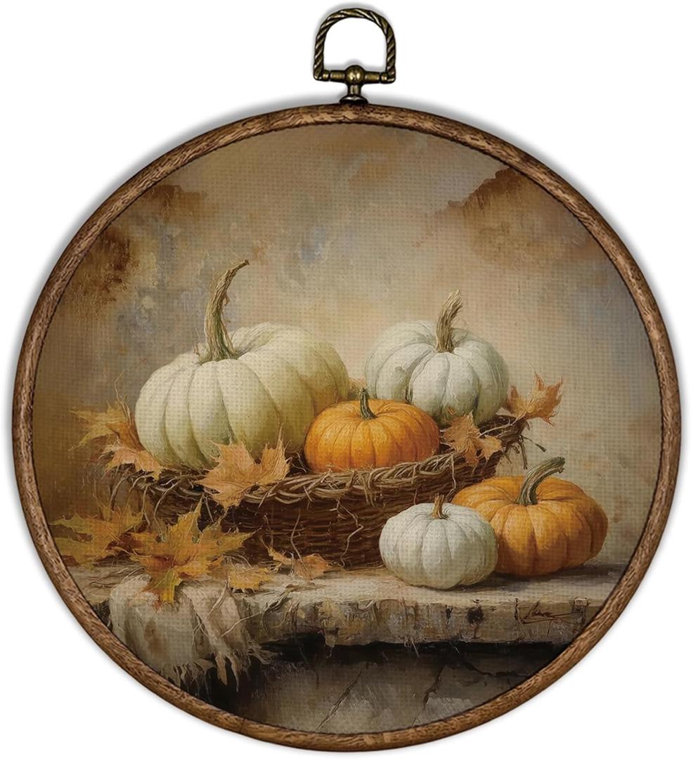 XBBMGG Vintage Fall Pumpkin Wall Art Decor, Farmhouse Autumn Round Wall Hanging Decor, Rustic Maple Leaf Thanksgiving Framed Canvas Prints for Kitchen Home Bedroom Living Room Decorations, 10x10inch