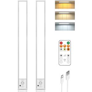 16in Under Cabinet Lighting with Remote, 160 LED Motion Sensor Light Indoor, 4000mAh USB Rechargeable Closet Lights, 3 Color Temps Wireless Under Counter Lights for Kitchen, Pantry, Stair, 2 Pack (White-16 Inch)