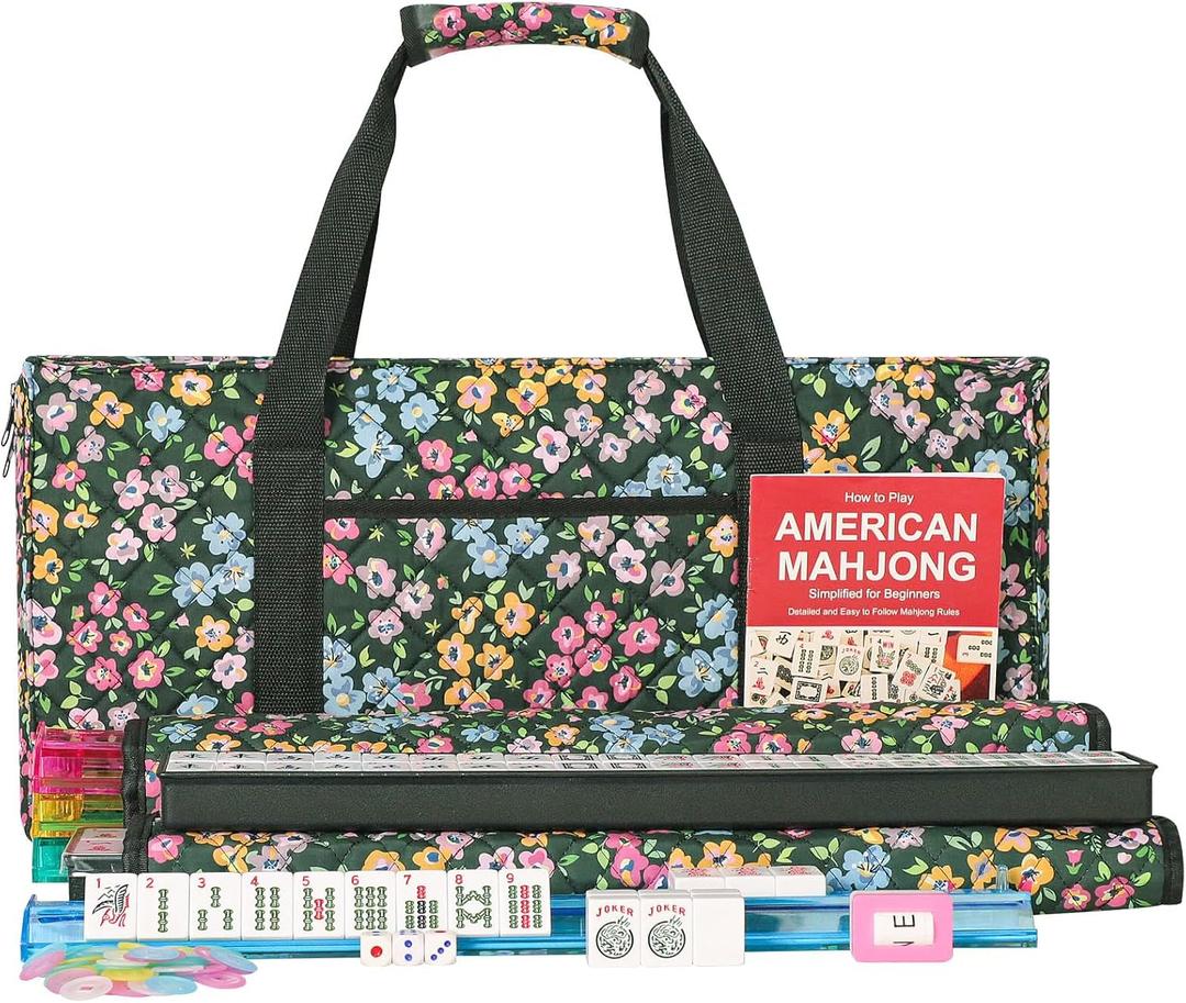 ZGME American Mahjong Set,166 White Tiles with Dark Green Small Flower Bag and Accessories,4 All-in-One Mahjong Racks with Pushers