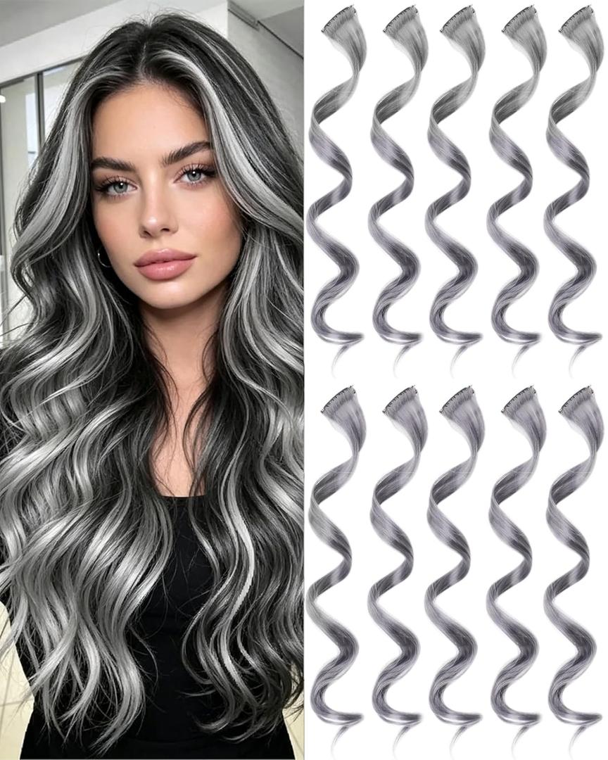 10 PCS Grey Hair Extensions, Curly Wavy Synthetic Hairpieces Clip in Rainbow Neon Party Highlights, Colorful Hair Accessories for Girls Women 17 inch (Grey)