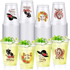 Sliner 100 Pcs Derby Disposable Plastic Cups Bulk 12oz Clear Horse Racing Party Cups Drinking Plastic Tumblers for Mint Julep Derby Day Party Supplies