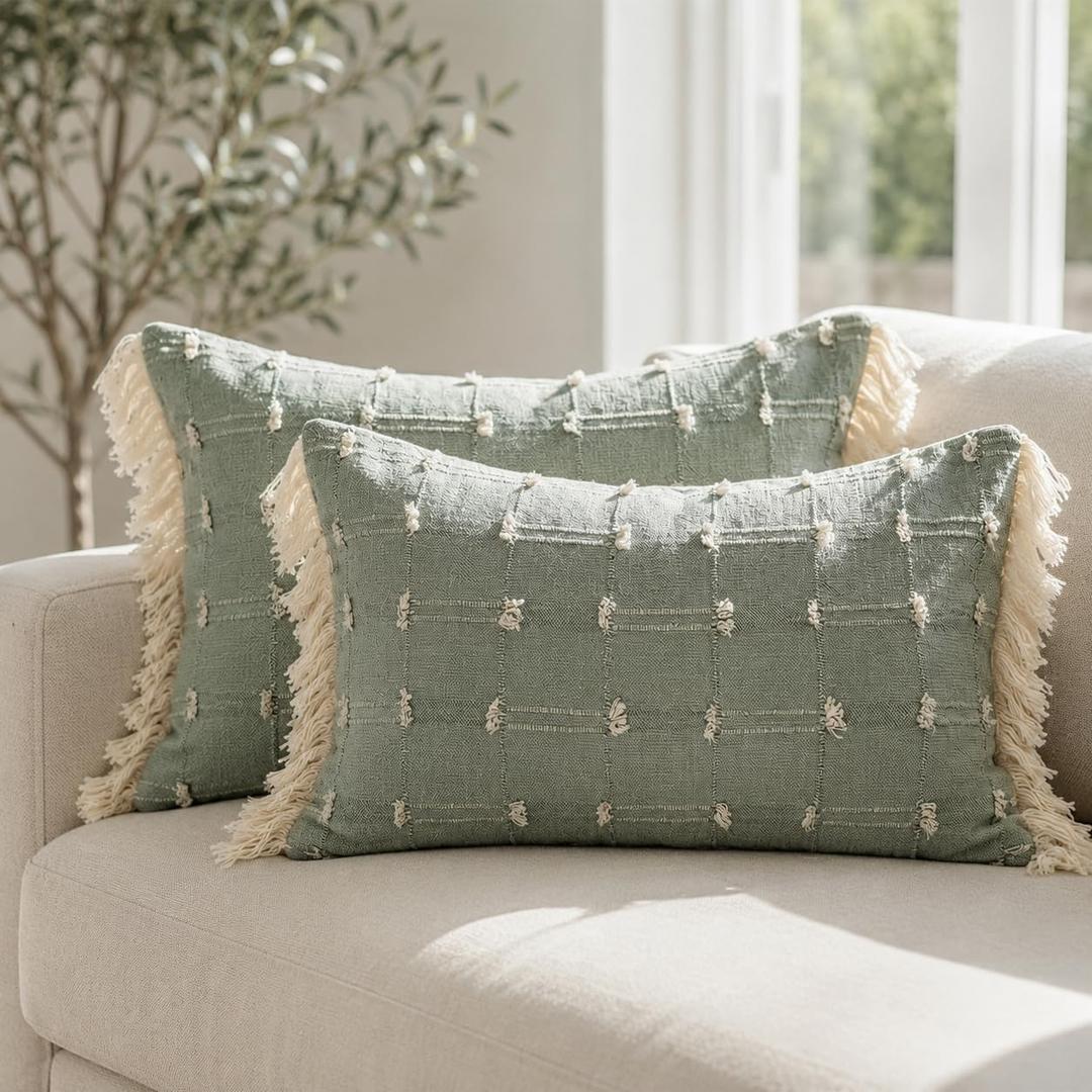 Dorii Green Woven Lumbar Pillow Cover 14x20 Inch, Cotton Decorative Throw Pillow Cover with Fringe Detail, Rectangular Accent Cushion Cover, Hidden Zipper for Sofa, Bed & Living Room