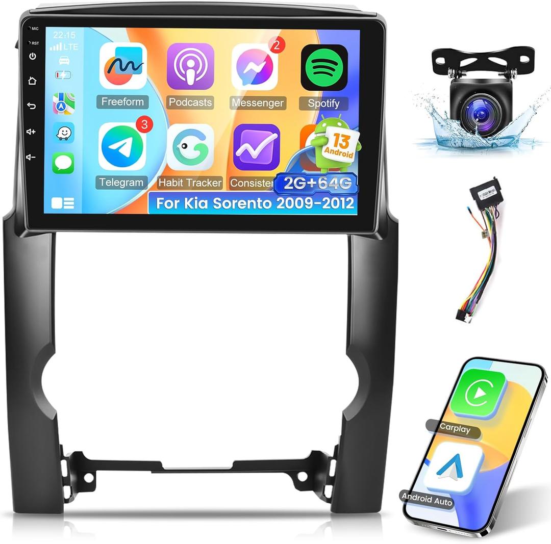 [2+64G] Car Radio for Kia Sorento 2009-2012 with Wireless Carplay and Android Auto - Android Car Stereo 10.1 Inch Touch Screen - Multiple UI/GPS Navigation/WiFi/SWC + AHD Backup Camera