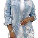 sexycherry Denim Light Blue Jackets for Women Casual Classic Distressed Long Sleeve Botton Down Trucker Jeans Ripped Coat Outwear(3X-Large)