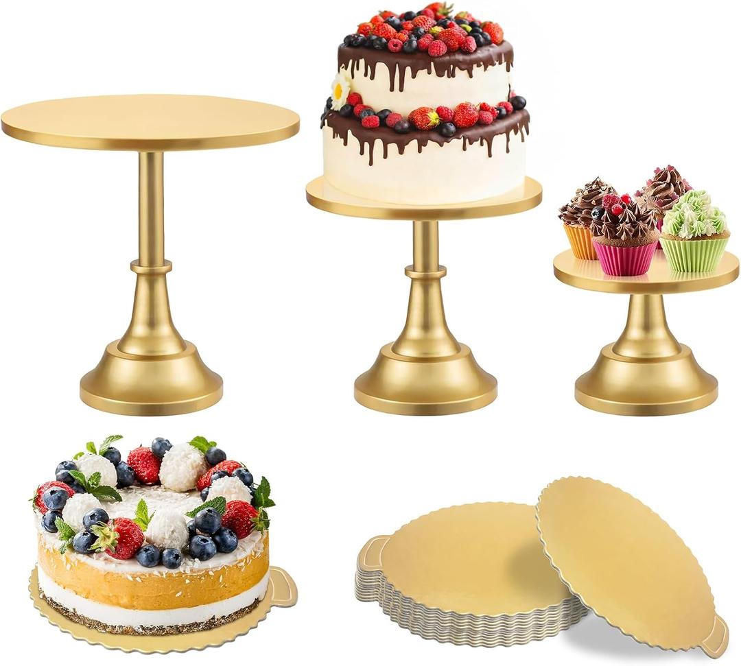 3 Pcs Cake Stand with 20Pcs Cakeboard Round, Cake Stand Set Disc Diameter 8" 10" 12", Perfect Dessert Table Display Set, Cupcake&Cake Stands for Party, Wedding, Birthday (Gold)