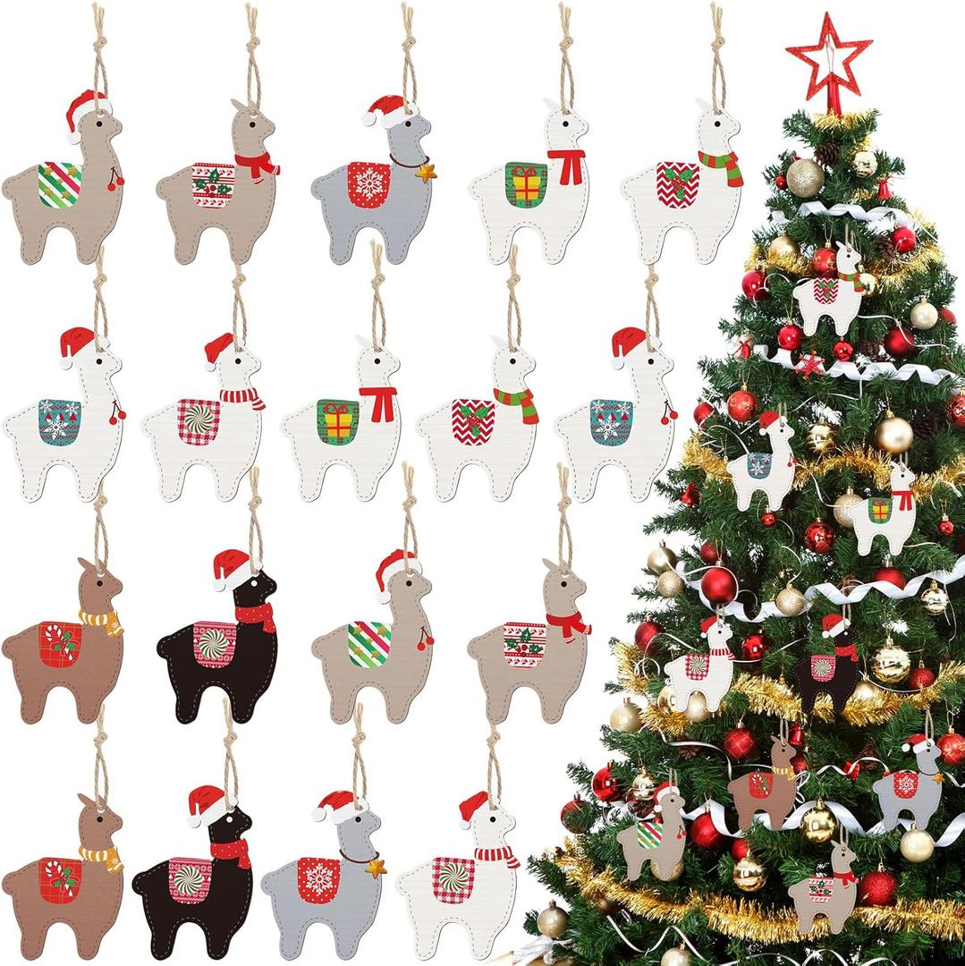 Llama Ornaments Alpaca Pendants Christmas Hanging Decorations Llama Wooden Ornaments Cactus Wooden Ornaments for Christmas Tree Decorations Holiday Xmas Party Decoration(Cute Style,18 Pieces)