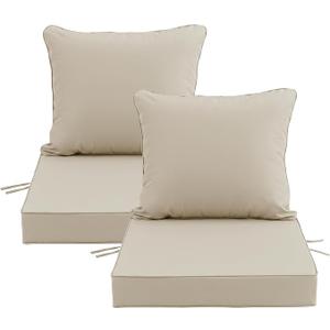 19x19 Inch Patio Chair Cushions Set of 2, Outdoor Furniture Cushions - Removable Cover, Water-Repellent, Fade-Resistant, Non-Slip Bottom & Straps, Replacement for Lawn, Porch & Deck Chair - Cream
