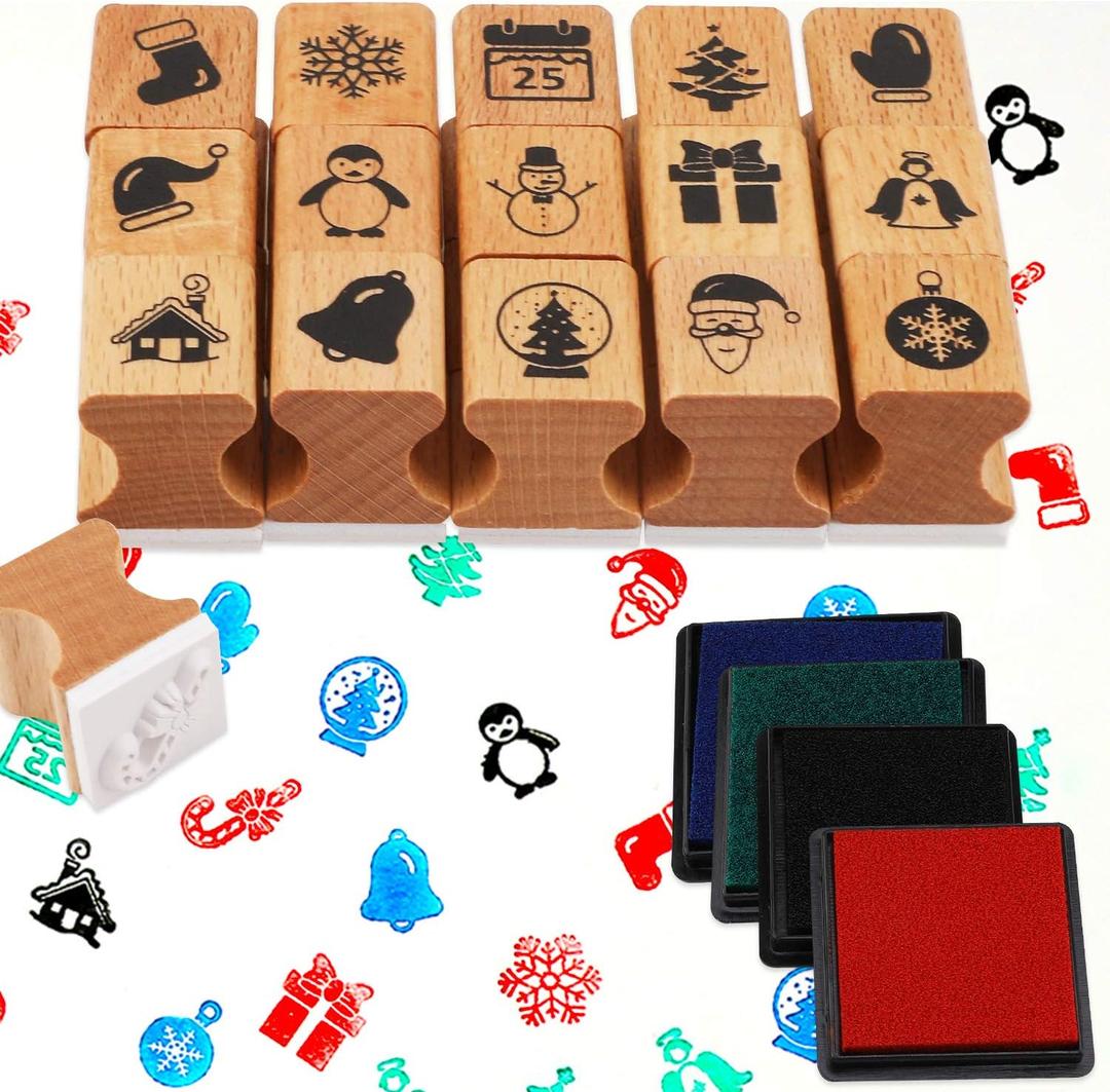 HOWAF Wooden Christmas Stamps for Kids Crafting Card Making, Stamps Pack for DIY Painting Christmas Party Bag Fillers Favor Supplies Xmas, with Ink Pad