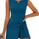 Caracilia Women Summer Sleeveless Bodycon Tie Cinched Waist Romper Skort Mini Dress Built in Shorts Night Out Vacation Dress Dark Blue XX-Large