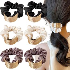 6 Pcs Metal Hair Scrunchies for Women & Girls, Silk Satin Elastic Hair Ties, Ponytail Holders for Thick & Thin Hair, Luxury Strong Hold Hair Accessories