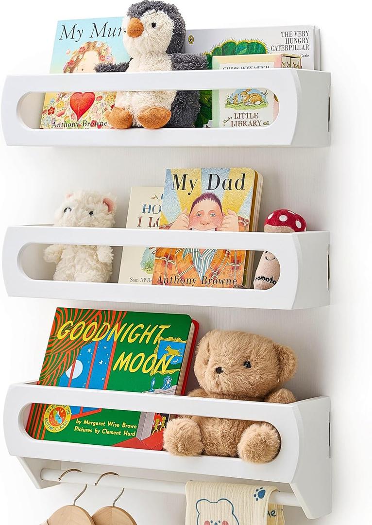 Floating Shelves for Wall, Premium Bamboo Wood, Fully Assembled - Nursery Book Shelves, Nursery Decor, Book Shelf for Kids Rooms, Set of 3 White