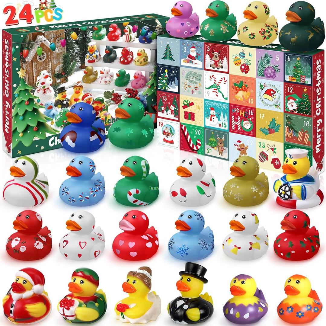 Jerify 1 Set 2025 Christmas Rubber Duck Advent Calendar, 24 Days of Christmas Countdown Blind Toys Xmas Ducks for Kids Toddlers, Xmas Gifts for Boys Girls Holiday Party Favors