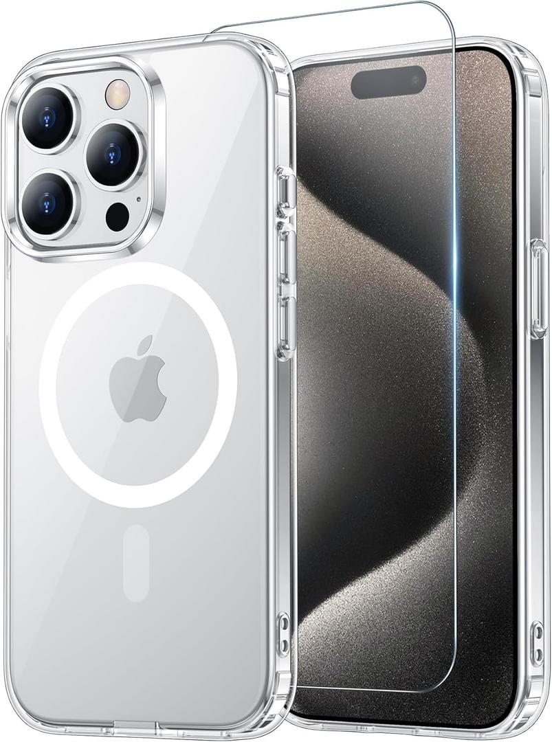 Temdan for iPhone 15 Pro Case Clear with Screen Protector, Compatible with Magsafe, Anti-Yellowing, Military-Grade Protection, Shockproof Slim Magnetic Phone Case Cover, Transparent