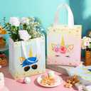 Locmeo 24 Pcs Unicorn Party Favor Bags with Handles - Reusable Non Woven Goodie Bags in Pink & Blue - Candy Treat Gift Bags for Girl & Boy Birthday Parties, 8 x 4 x 10 Inch