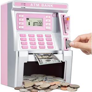 BAODLON Pink Piggy Bank for Kids, ATM Machine Bank for Real Money with Debit Card, Bill Feeder, Coin Recognition, Balance Calculator, Electronic Savings Safe Box, Cool Stuff Toys Gifts for Teen Girl