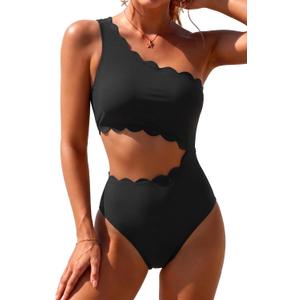 Women's One Piece Swimsuit- One Shoulder Bathing Suit Cutout Tummy Control Swimwear (Black, XXL)