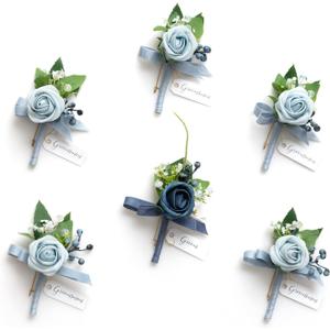Ling's Moment Boutonniere for Men, 6pcs Groom Groomsmen Boutonniere with Built-in Pins, Artificial Flowers for Wedding Decor/Prom/Homecoming, etc.Dusty Blue Light Blue