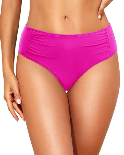 Talisea Women Full Coverage Bikini Bottoms - Mid Rise Bathing Suit Ruched Swim Bottom Swimsuit Swimwear Pink.M