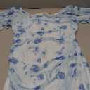 AISWI Mesh Ruched Maternity Dress Baby Shower Wedding Guest Pregnancy Shoot Fall Long Sleeves Square Neck, Blue White Floral, Medium