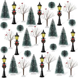 32 PCS Christmas Figurine Village Accessories, Mini Street Light Models with Brush Trees, Miniature Christmas Pathway Street Lamps Lantern Post for DIY Micro Landscape Fairy Garden