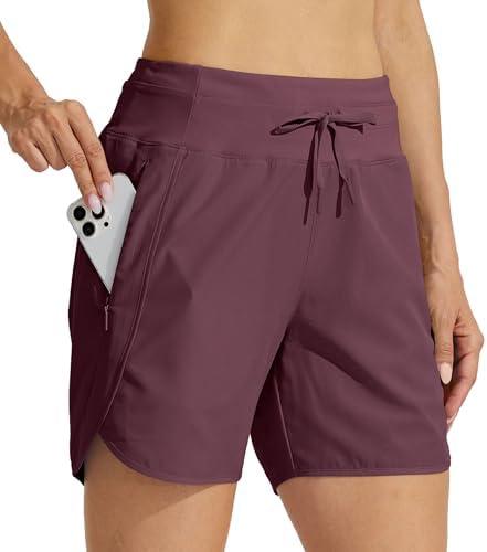 Willit Women's Athletic Running Shorts 5" Quick Dry Workout Hiking High Waisted Active Gym Exercise Zipper Pocket L, Dark Red