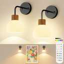 Glass Battery Operated Wall Sconces Set of 2, Rechargeable Wall Lamp with Remote, 12 Colors Dimmable Wireless Sconces Wall Decor Set of 2 with Timer for Bedroom Living Room (Black, 2 Pack)