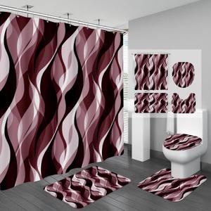 4PCS Burgundy Red Abstract Shower Curtain Sets with Rugs, Striped Bathroom Sets with Shower Curtain and Rugs, Modern Bathroom Curtains Shower Set with Toilet Lid Cover for Bathroom Decor
