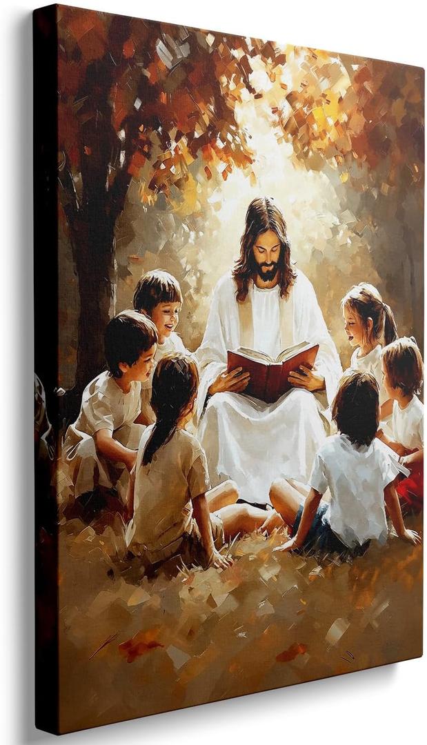 Ypxzzj Jesus with Children Canvas Wall Art Wall Decor Jesus Teaching Children Scene Poster Pictures for Living Room Bedroom Home Decor Christian Spiritual Painting Artwork for Church(12''x16'')