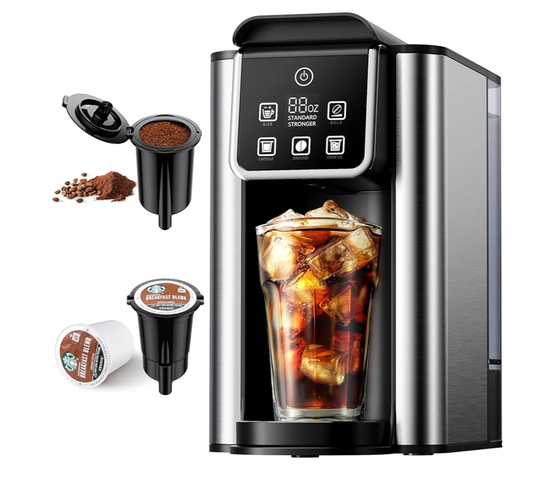 Hot & Iced Coffee Maker with Bold Setting, Single Serve Coffee Maker for K Cup and Grounds, 6-14 Oz Brew Sizes, 50 Oz Removable Water Tank, One Cup Coffee Machine with Reusable Filter, Black
