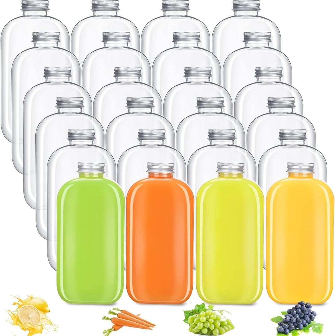 Thenshop 24 Pack Plastic Bottles with Caps, Clear Juice Bottles Flat Water Bottle Plastic Flask Bottle Reusable Mini Beverage Container for Drinks, Milk, Tea, Alcohol, Liquor (12 oz)