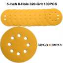 5-Inch 8-Hole Hook and Loop Sanding Discs 320-Grit Random Orbit Sandpaper, 100-Pack