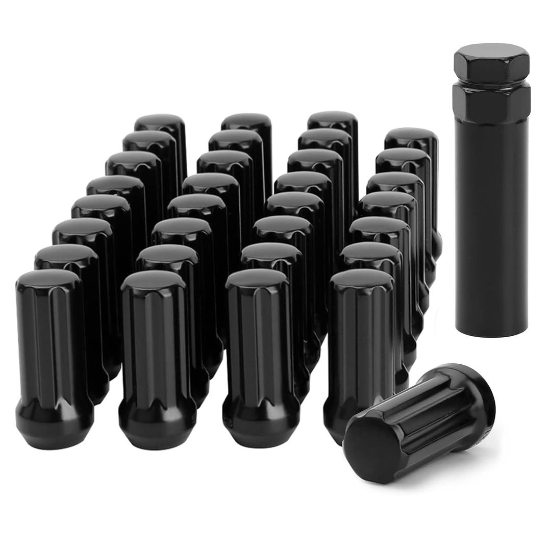 32pcs M14x1.5 Lug Nuts Spline Black, 14x1.5 Aftermarket Wheel Lug Nuts for F150 F250 F350 Silverado Sierra Ram 2500 3500 with 1 Socket Keys Long Extended