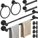 10pcs Matte Black Bathroom Hardware Set, Including 2pcs 24in Retractable Hand Single Towel Bar with 2pcs Toilet Paper Holders, 2pcs Towel Rings 4pcs Multifunctional Robe Hooks