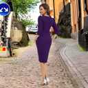Womens Midi Pencil Dress Bodycon V Neck Ruched Design Long Sleeve Cocktail Party Night Out Dinner Dresses (Purple, XL)