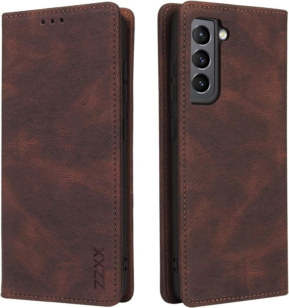 ZZXX for Samsung Galaxy S21 FE 5G Case Wallet with Card Holder Kickstand Magnetic Soft Leather Flip Fold Case for Samsung Galaxy S21 FE 5G Wallet Case(Coffee-6.4 inch)