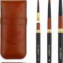 3-Piece Synthetic Pony Hair Watercolor Brush Set with Brown Leather Case, Screw-Apart Travel Brushes for Artists, Students, Professionals